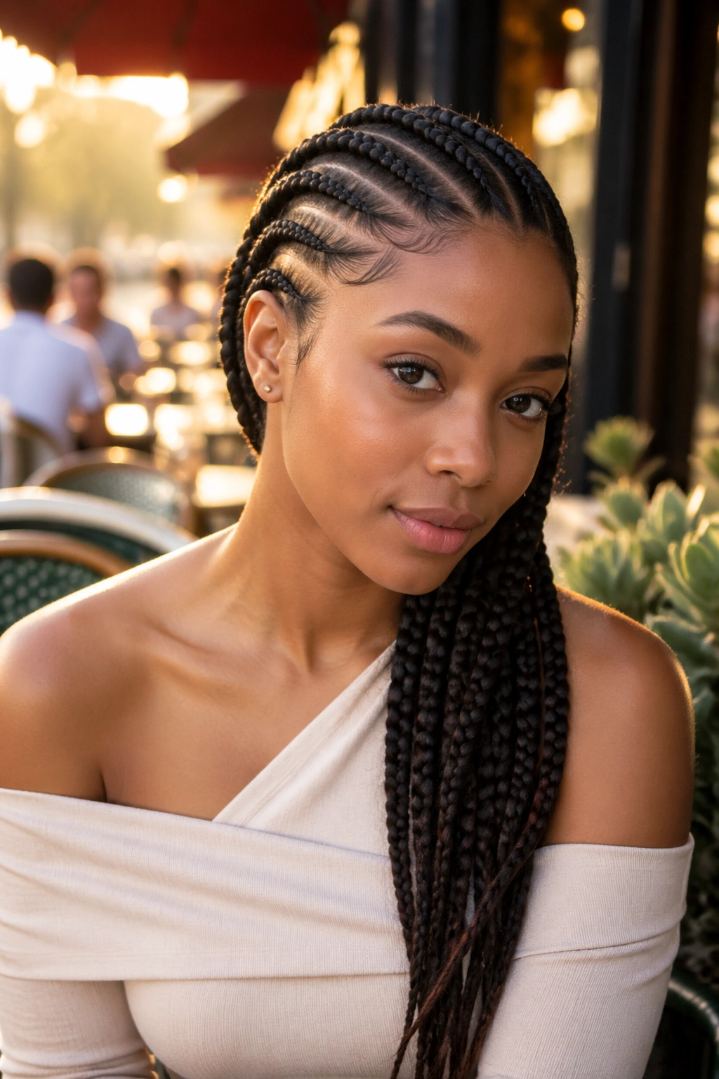 Close-up of diagonal cornrows extending to one shoulder on a real person