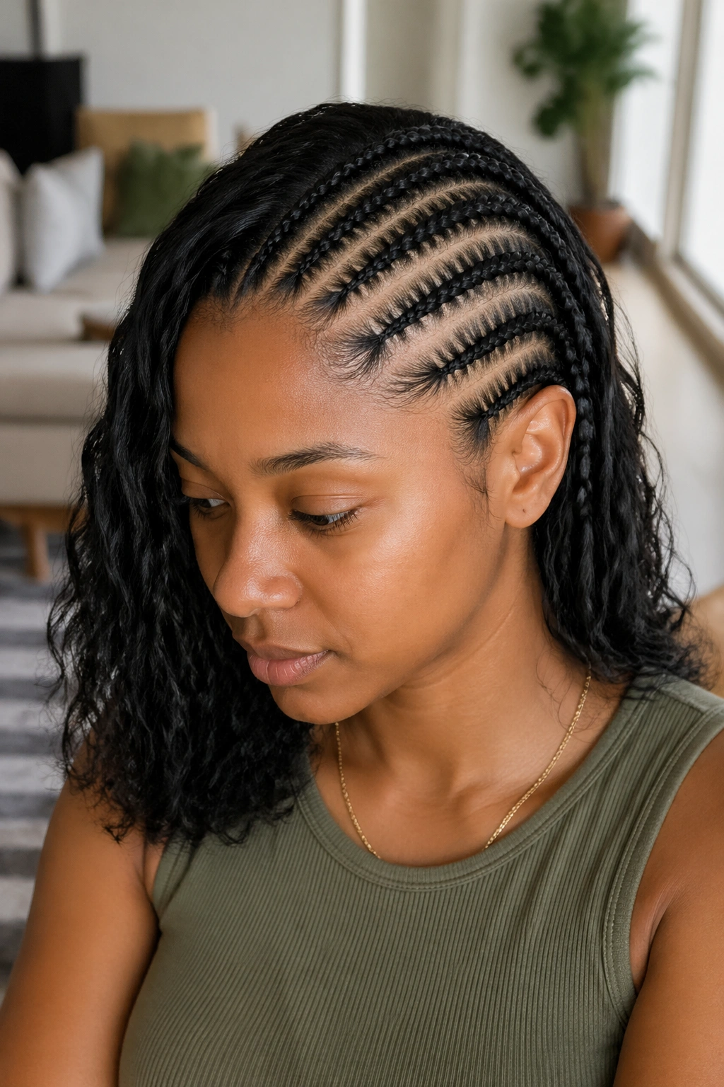 Close-up portrait of a real person with diagonal cornrows and side-swept hair.