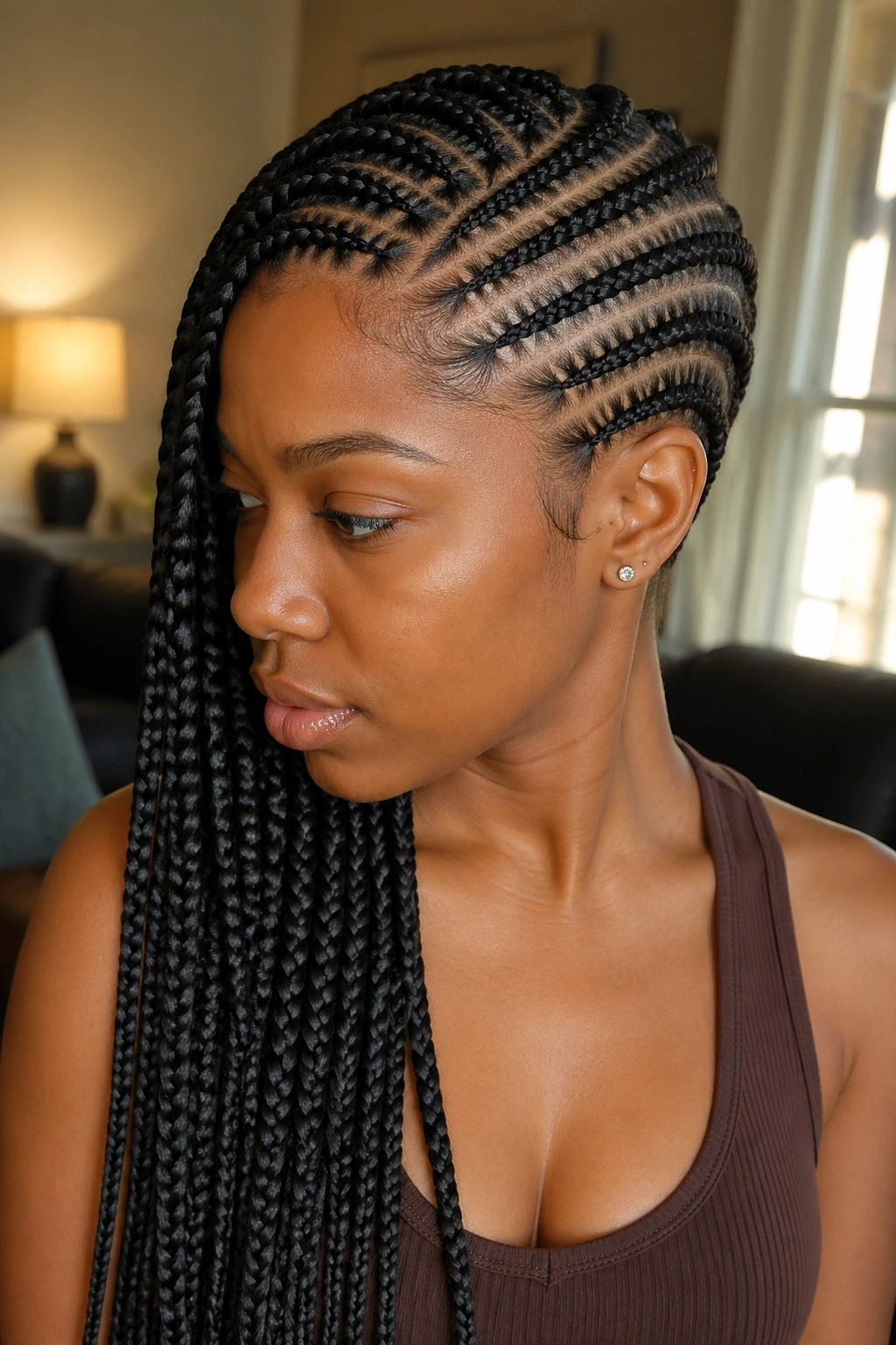 Side-profile of diagonal knotless cornrows into side-swept box braids
