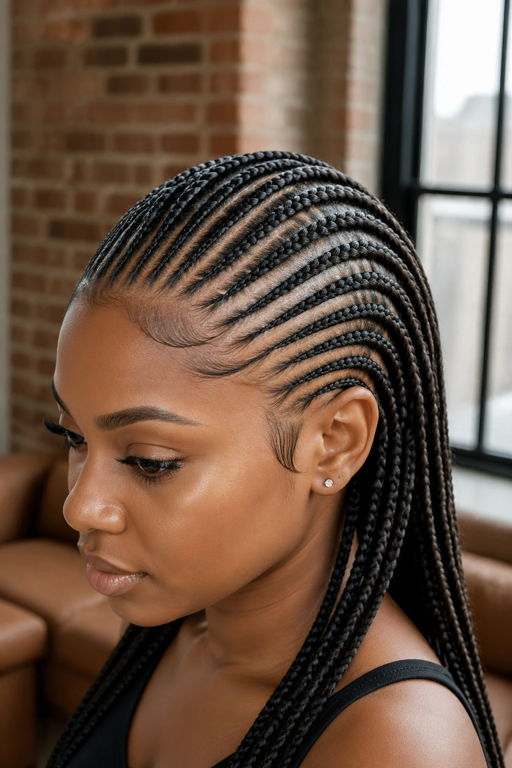 Real person with diagonal-part tiny cornrows