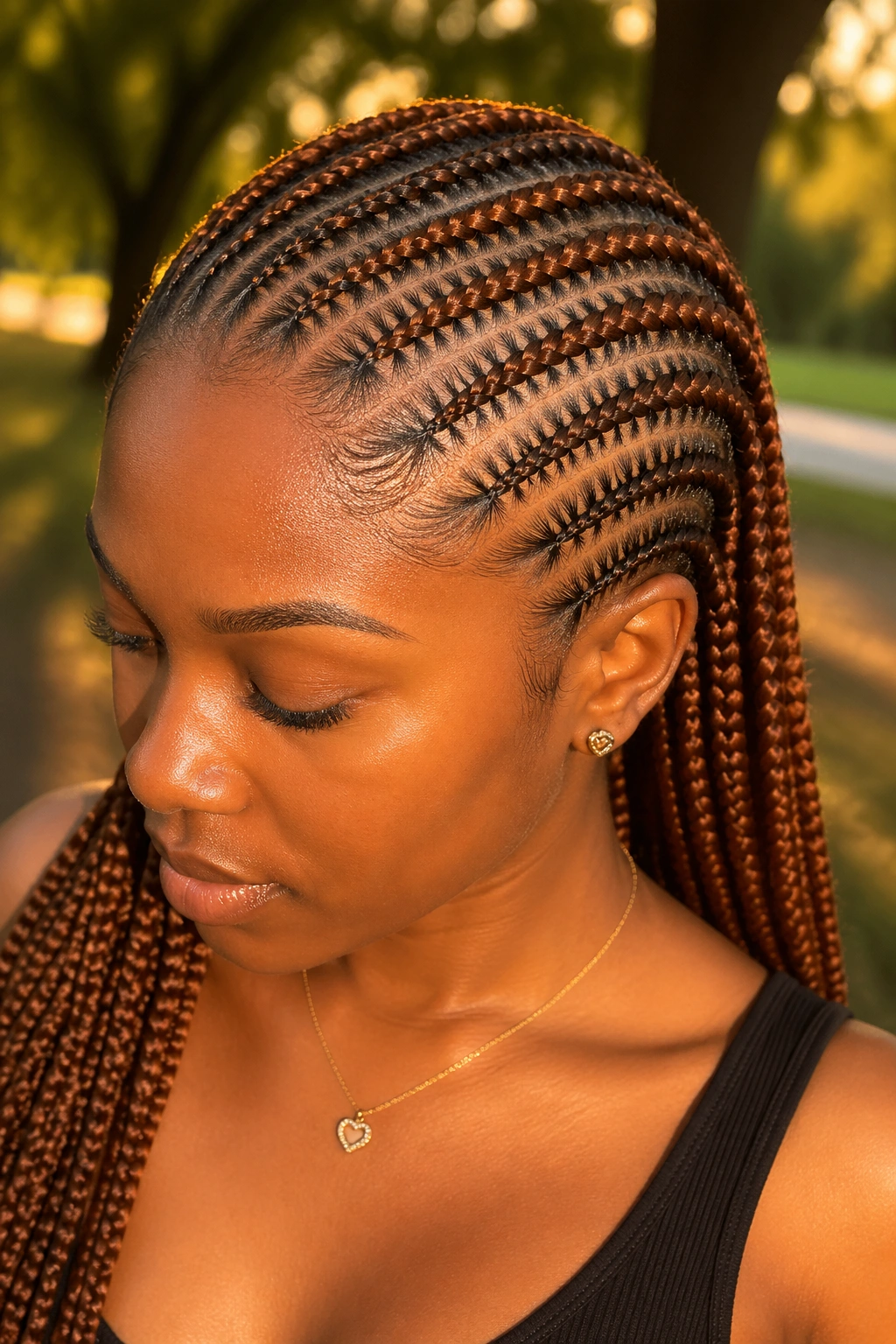 Close-up of diagonal stitch cornrows in cinnamon brown on a real person during golden hour outdoor