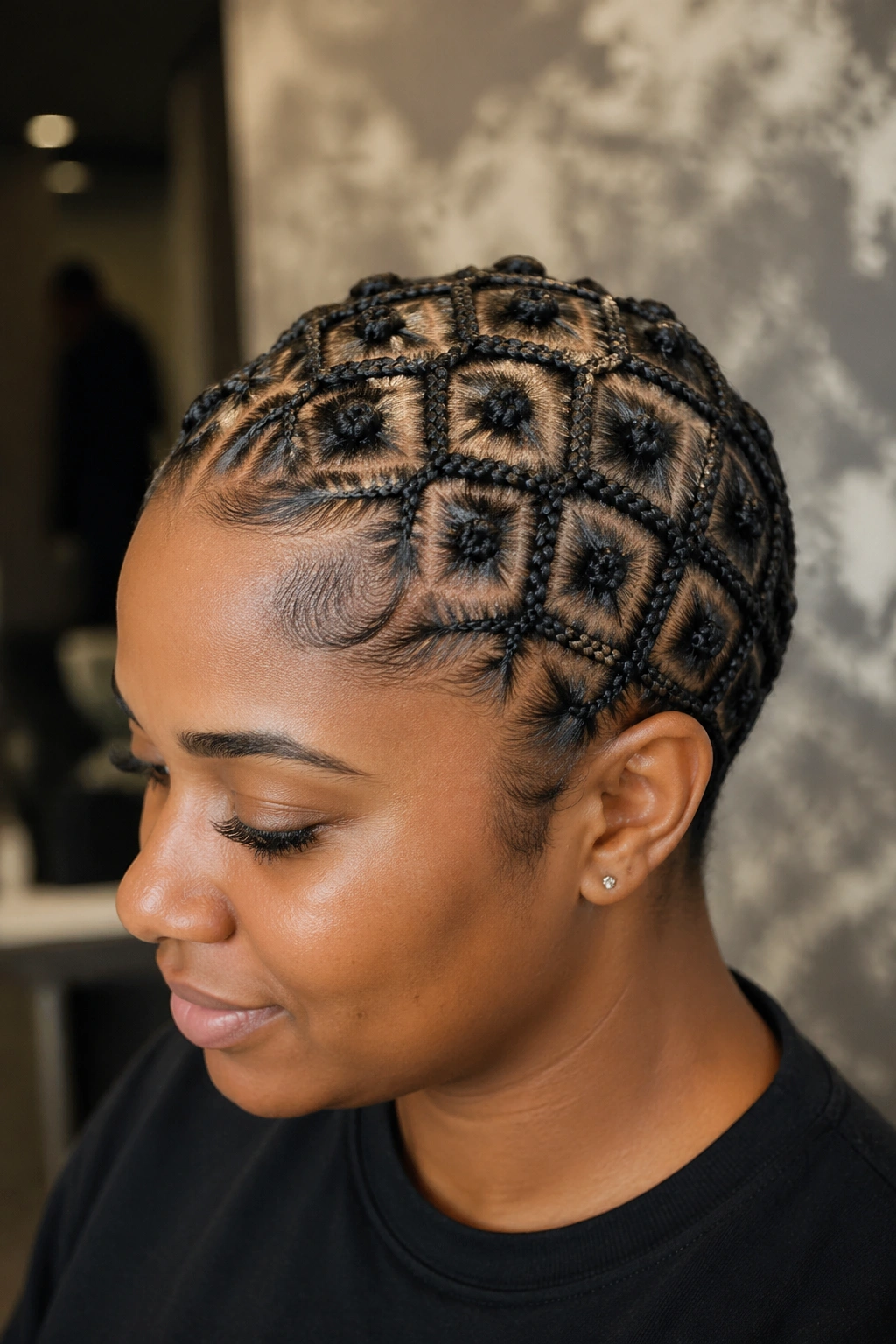 Portrait of a real Black woman with a diamond-grid cornrow pattern on the scalp