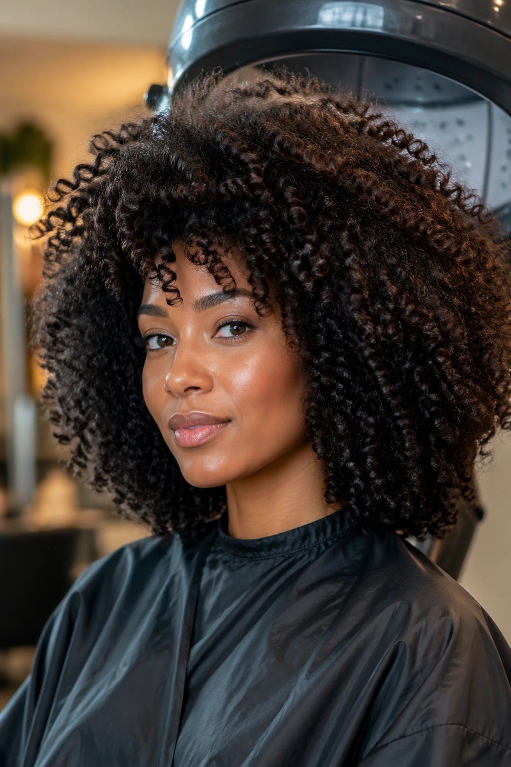 Close-up of a real woman's voluminous curls in a diffusing/hooded-dryer setting.