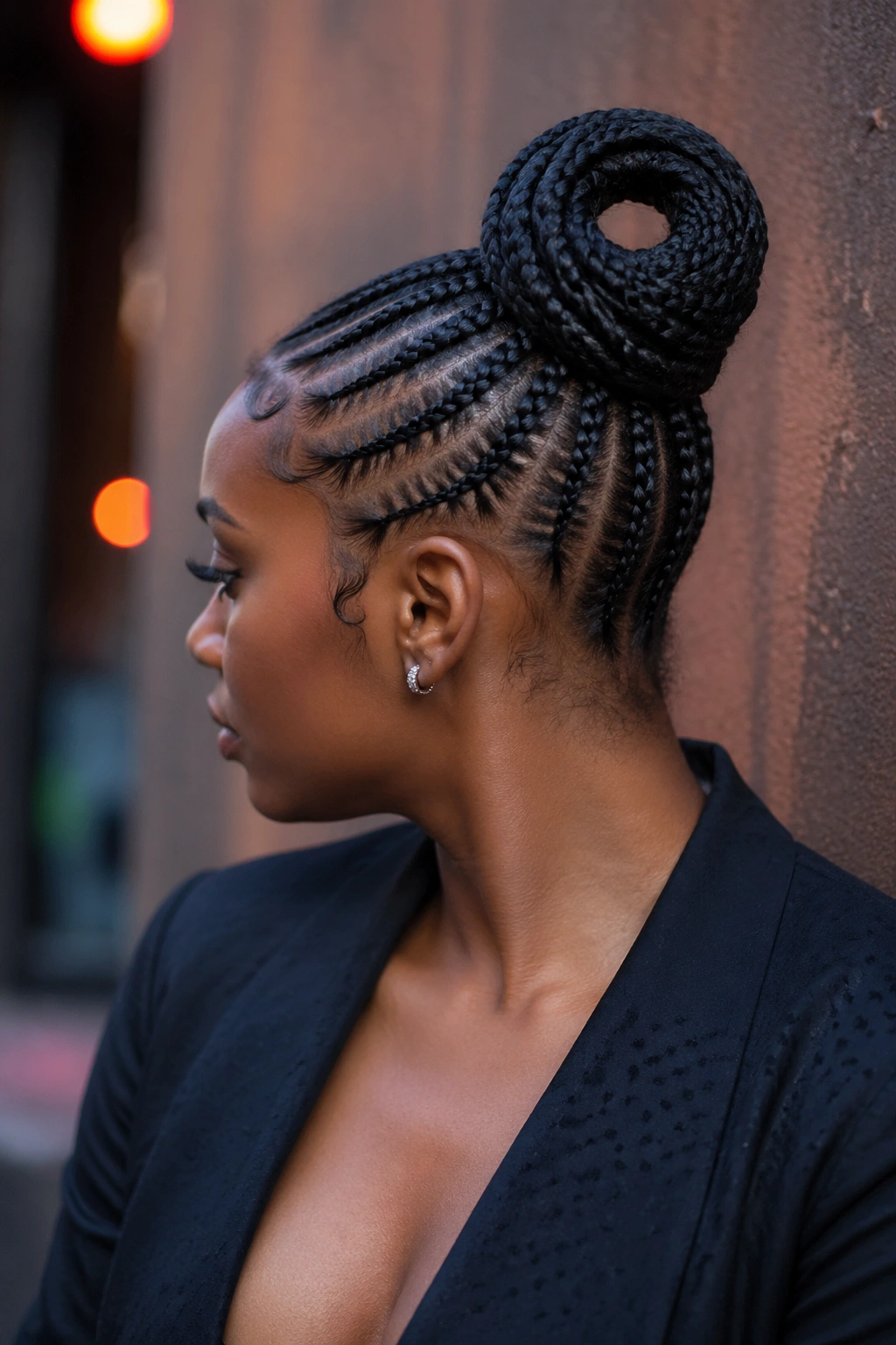 Profile shot of a real woman with a donut bun and visible donut at the center.