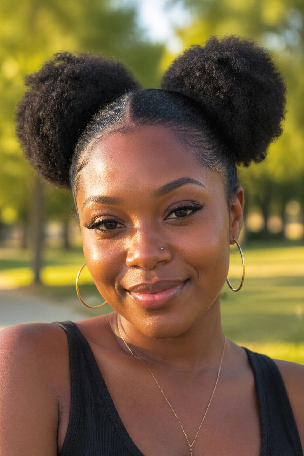 Close-up of a real Black woman with double Afro puff pigtails in a park.