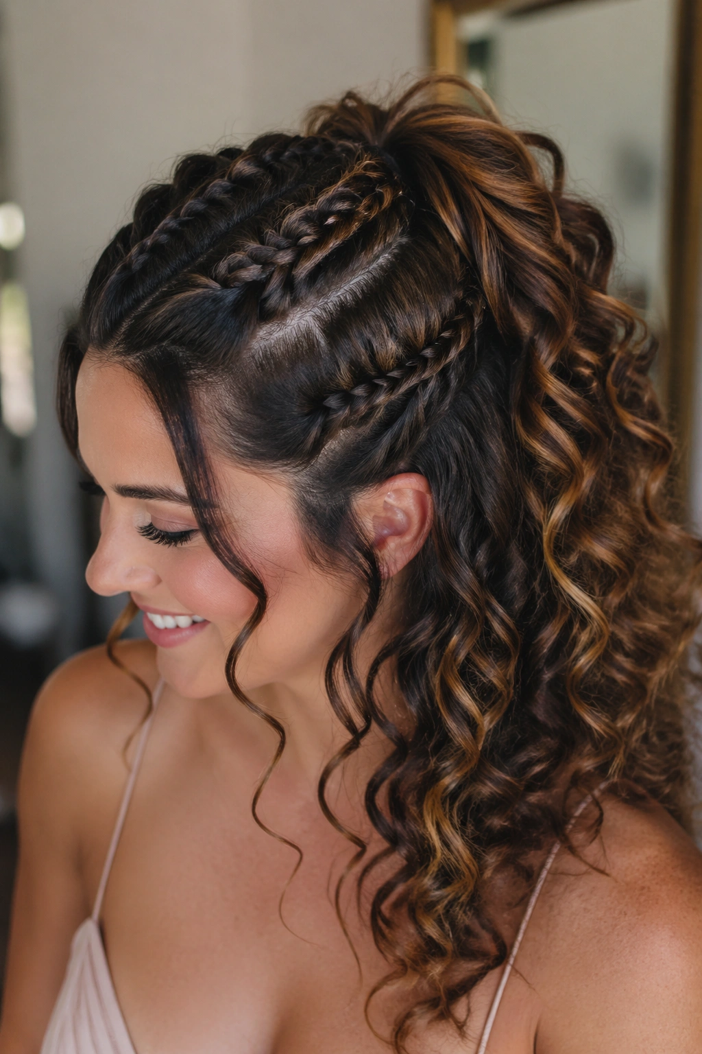 Close-up portrait of double braids feeding into a curly half pony hairstyle on a real woman