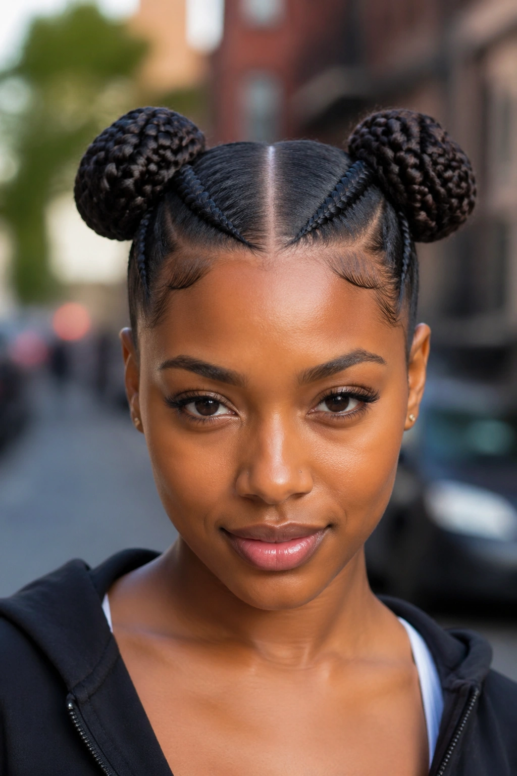 Portrait of woman with two symmetric cornrow buns on crown.