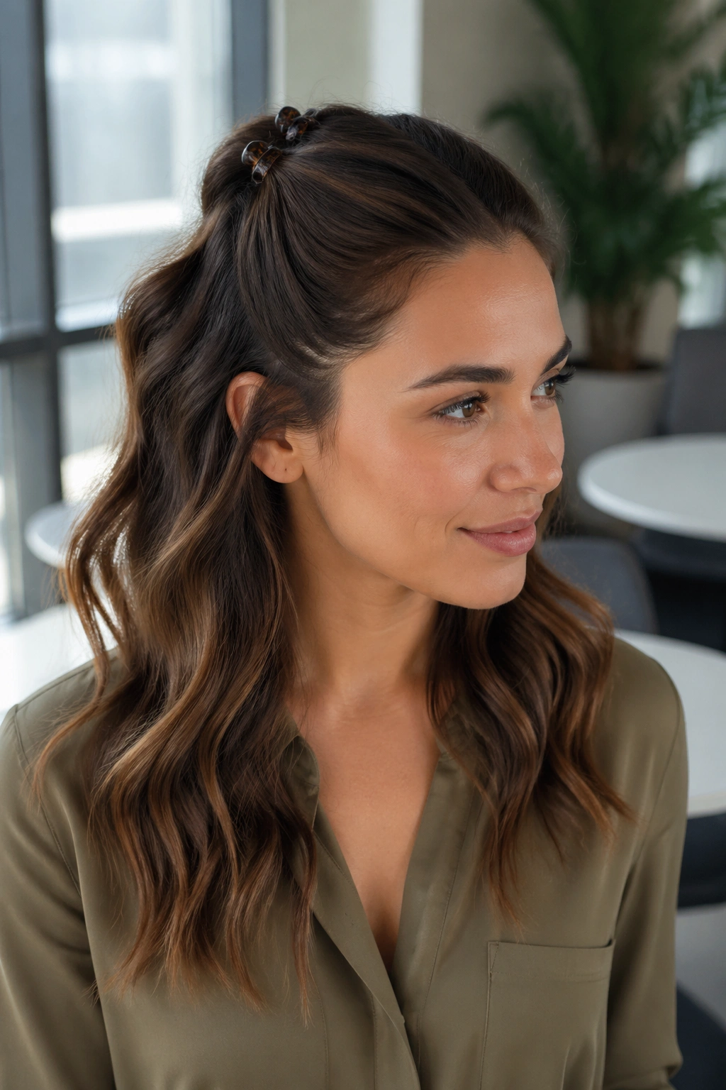Close-up of real woman with double-clip half-up hairstyle