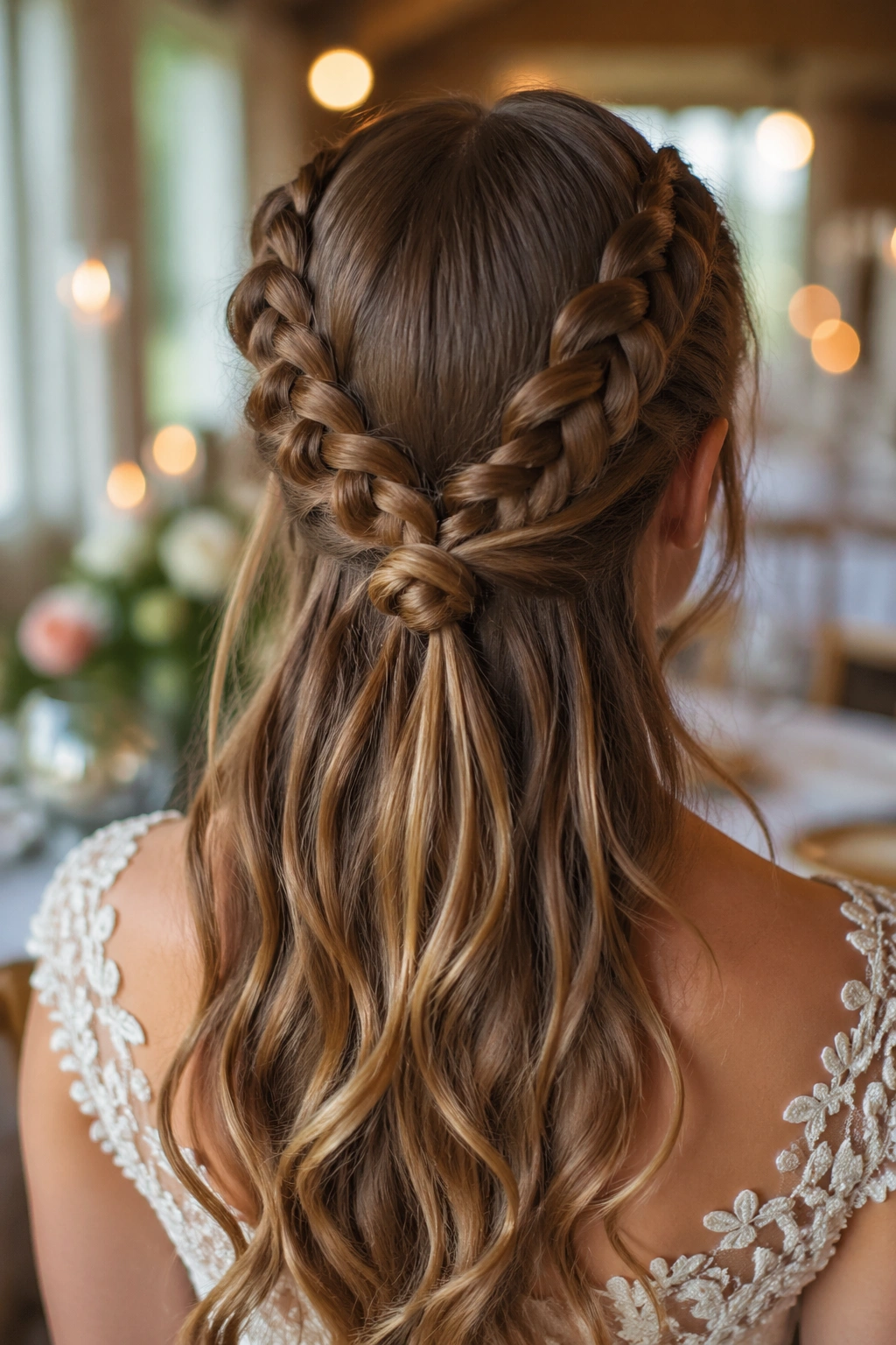 Back-of-head view of bride with two Dutch braids into a half knot