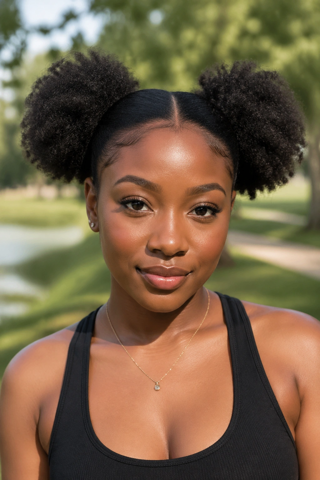 Real woman with two symmetrical puffs on each side of the head.