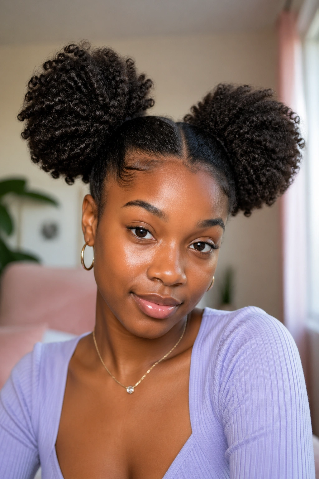 Portrait of a person with double afro puffs