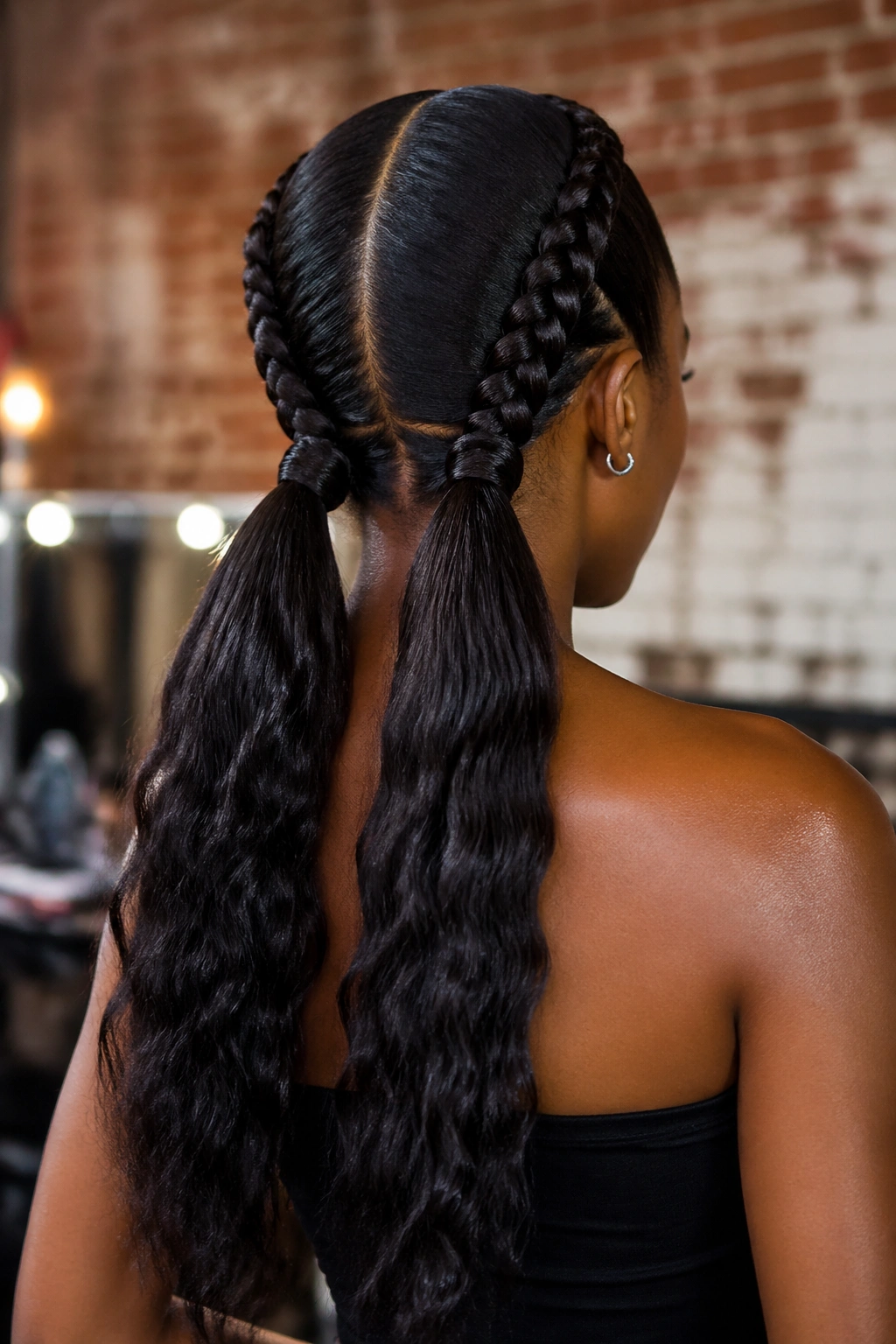 Back view of a real woman with two braids forming two close ponytails