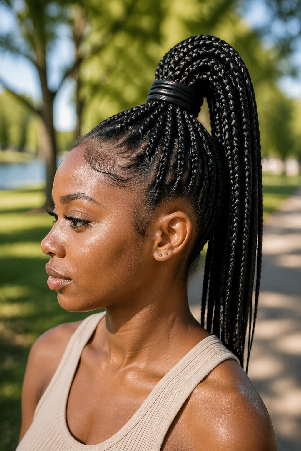 Real woman with a double-tie ponytail showing two elastics for extra support.