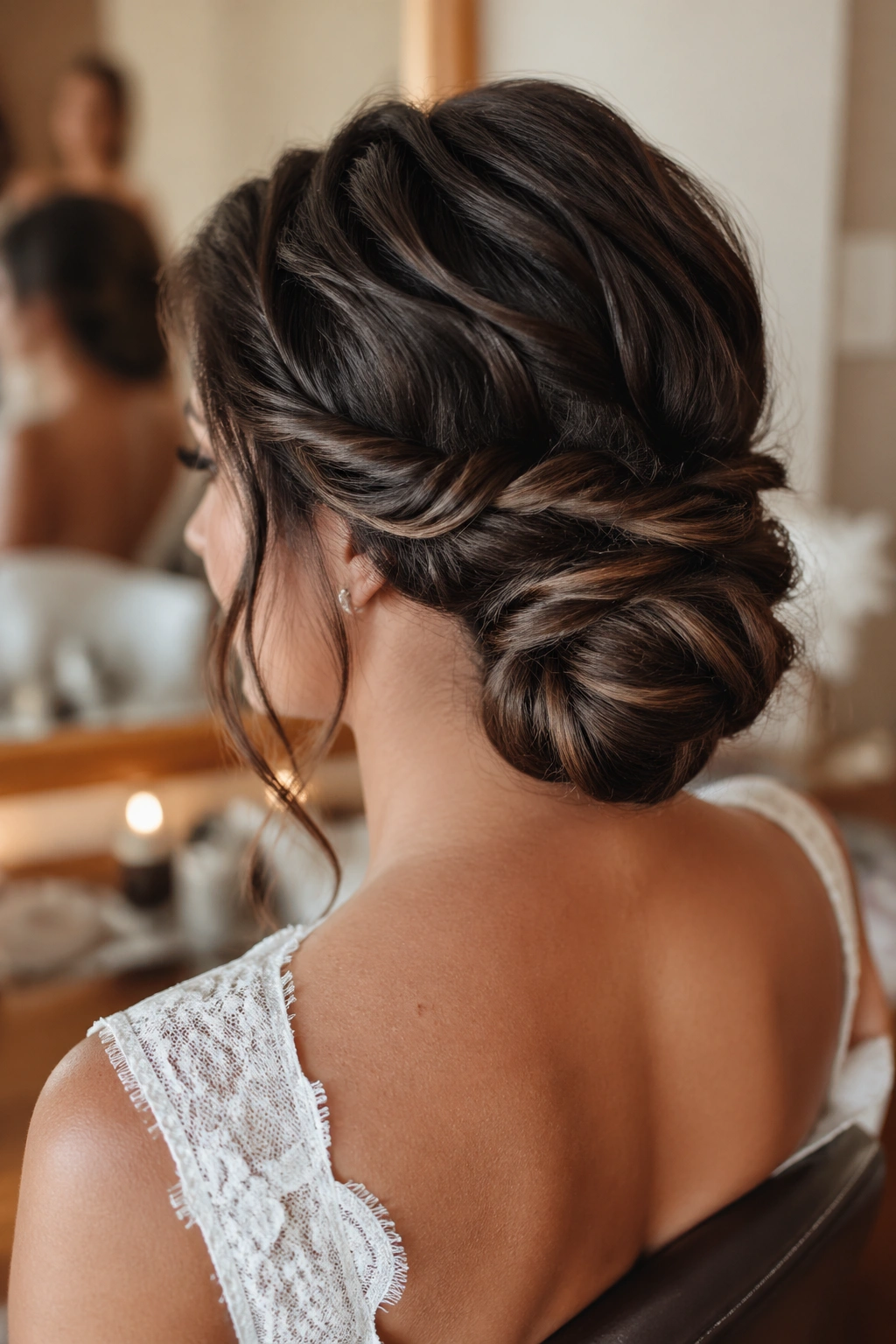 Close-up of a real bride with a double twisted bun at the nape for thick hair.