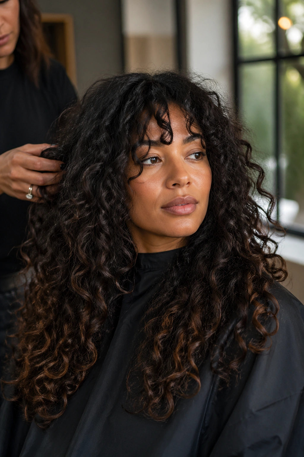 Portrait of a woman with dry-cut layered curls in a salon setting.