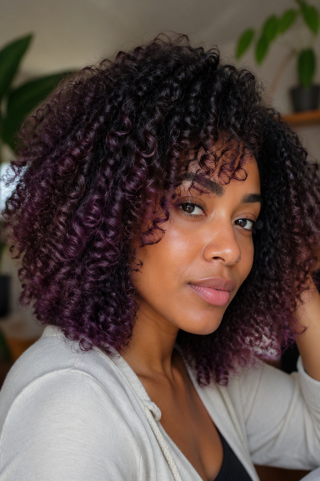 Close-up of natural curls with dusty purple balayage and muted violet tones.