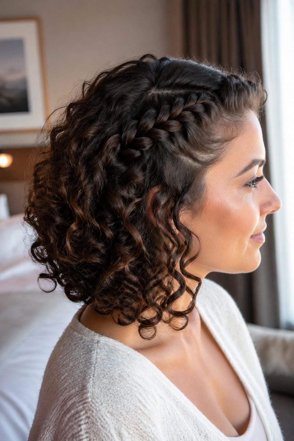 Side-profile portrait of Dutch Braid Accent On Shorter Curly Hair on a real woman