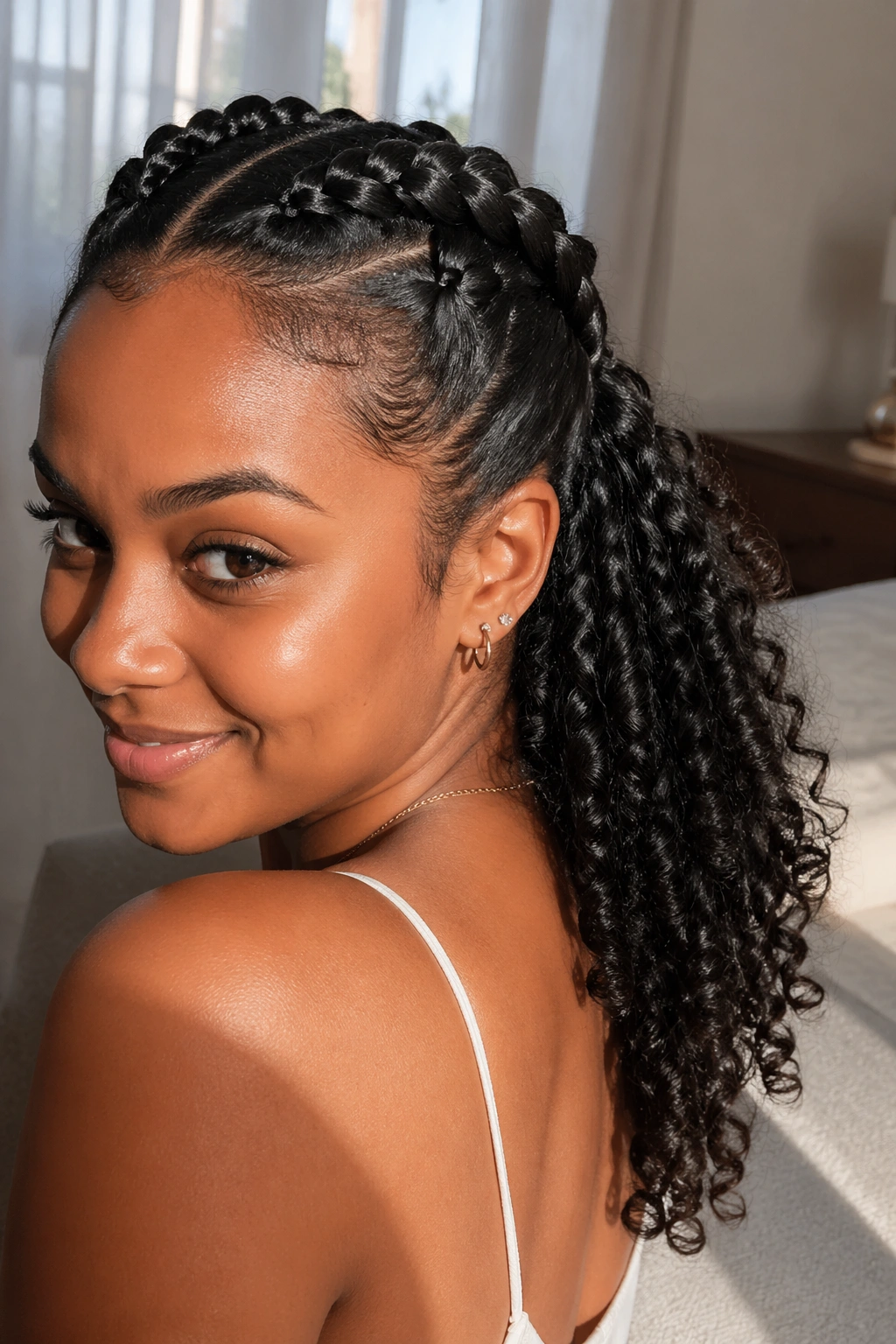 Close-up of a real person with Dutch braids forming a crown and curl cascade