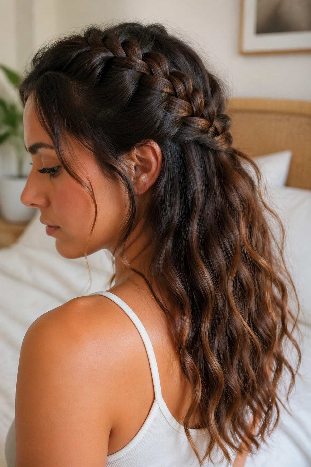 Close-up of a real woman with a Dutch braid and loose wavy ends in a sunlit bedroom