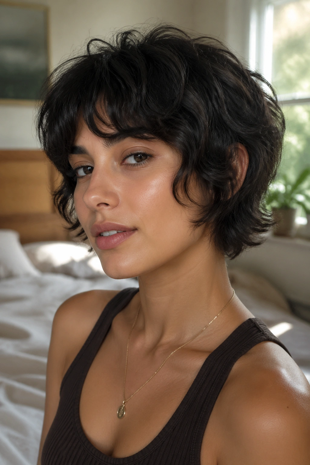 Close-up of real person with ear-length shag showing textured temple-length layers under natural window light