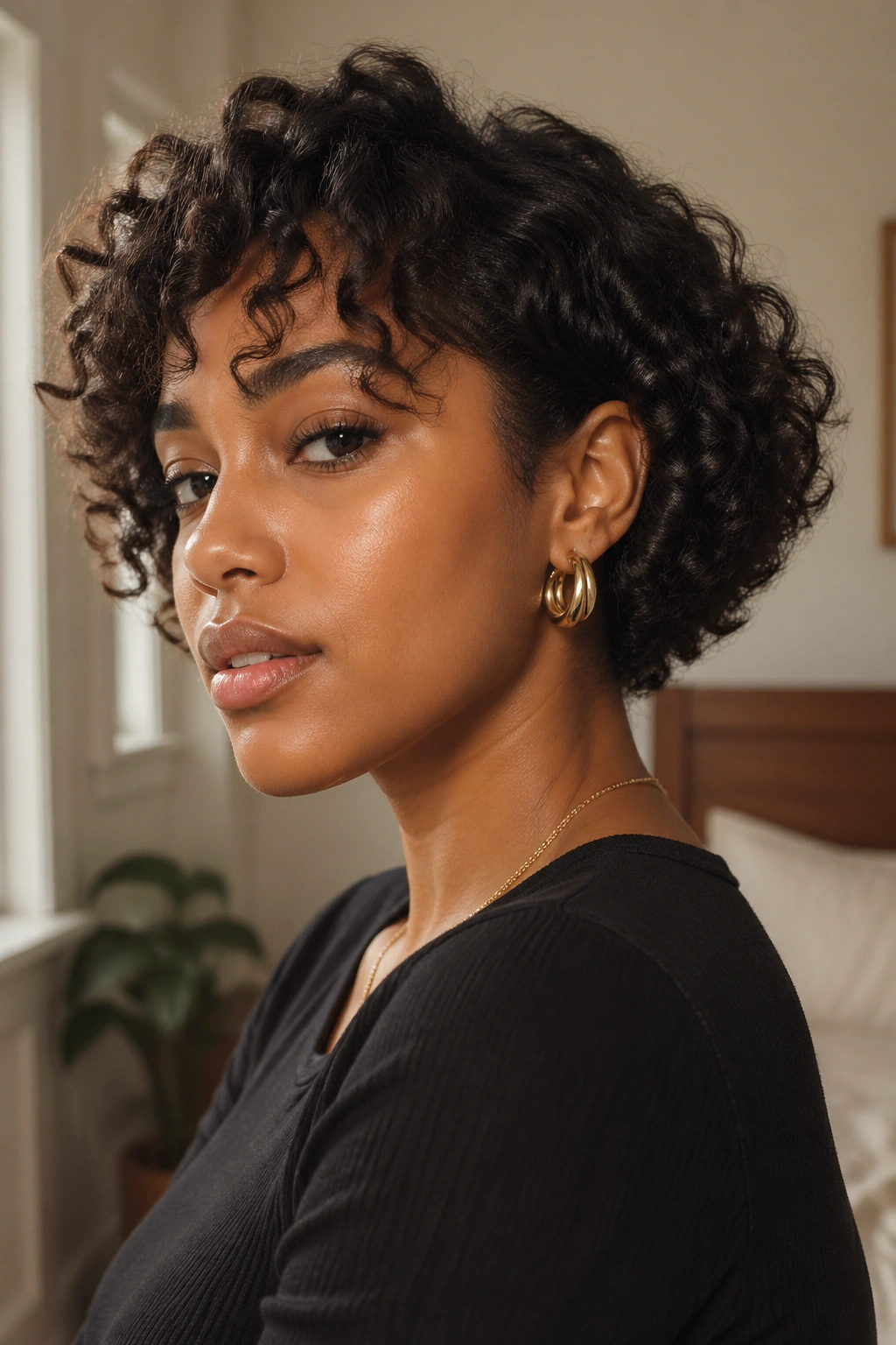 Close-up of a real woman with an earring-length bob and ear-length curls.