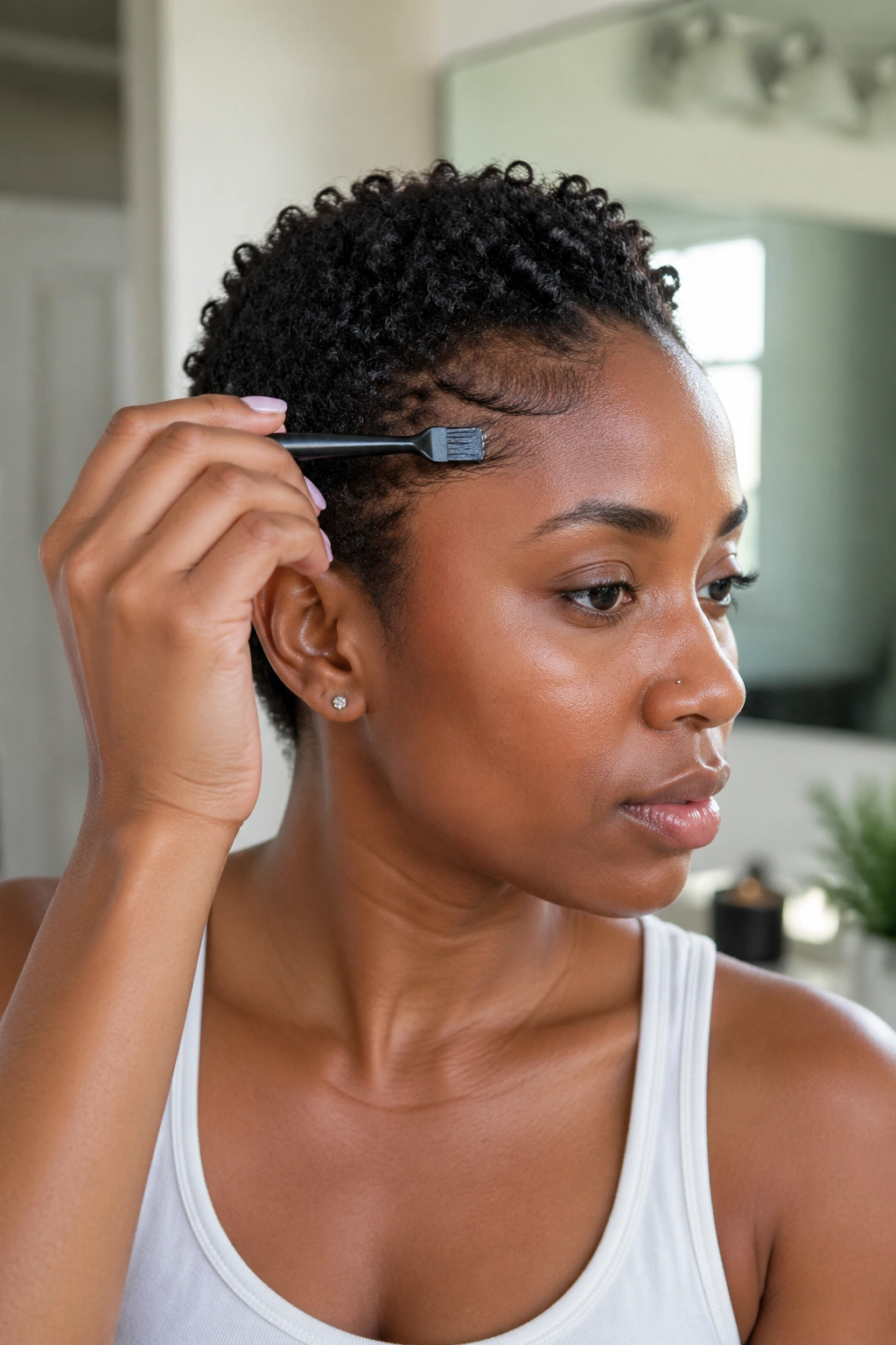 Close-up of a person applying edge control to short natural hair