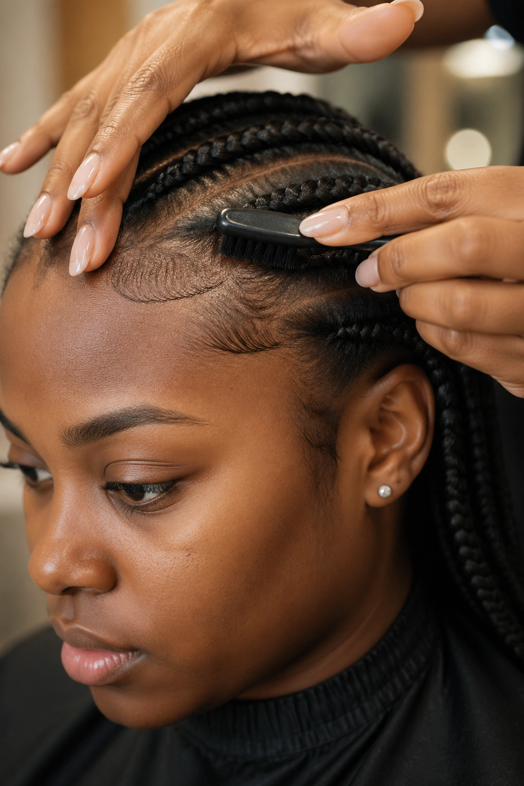 Close-up of a real person’s hairline being groomed at the edges