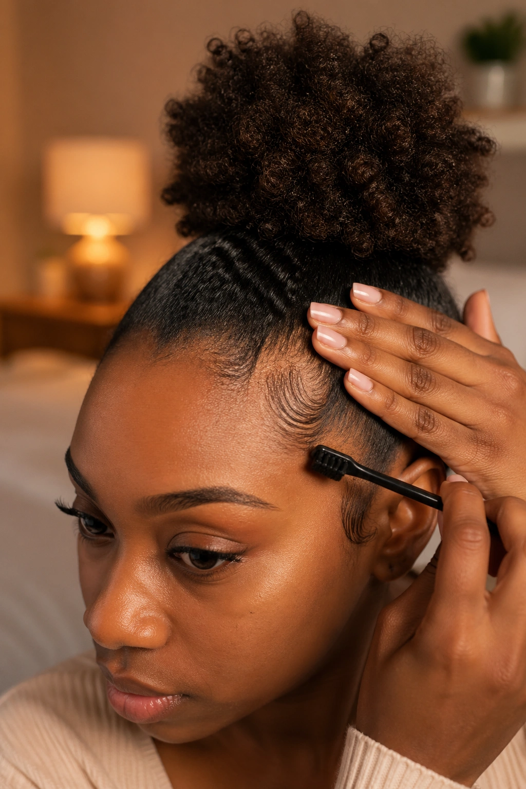 Close-up of natural hairline with smooth edges during puff styling