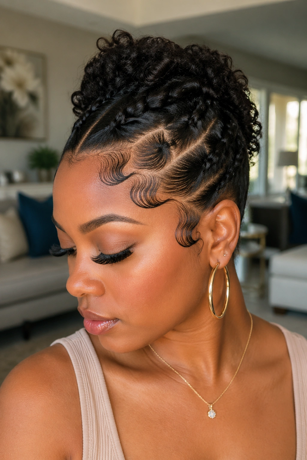 Close-up of a real woman showing intricate edge work along the hairline.