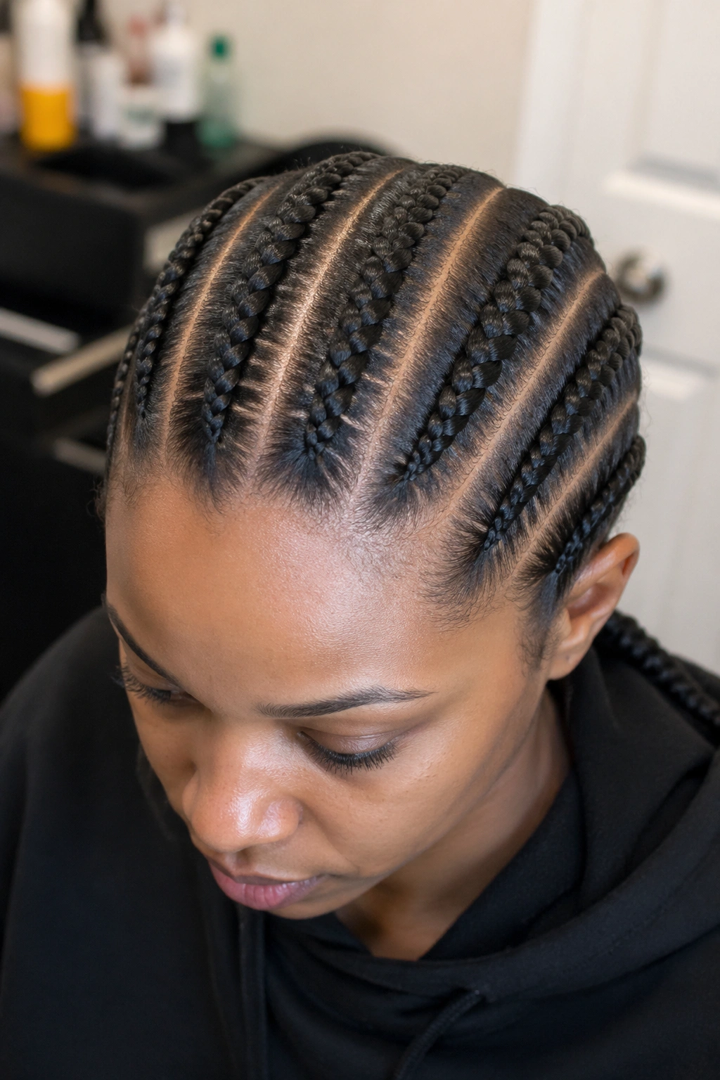 Close-up of a real person with eight thicker cornrows