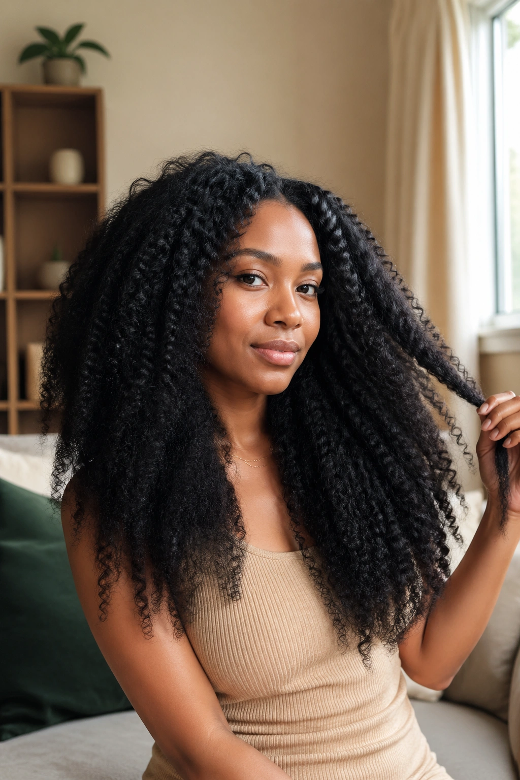 Close-up of elongated afro with banding showing length.