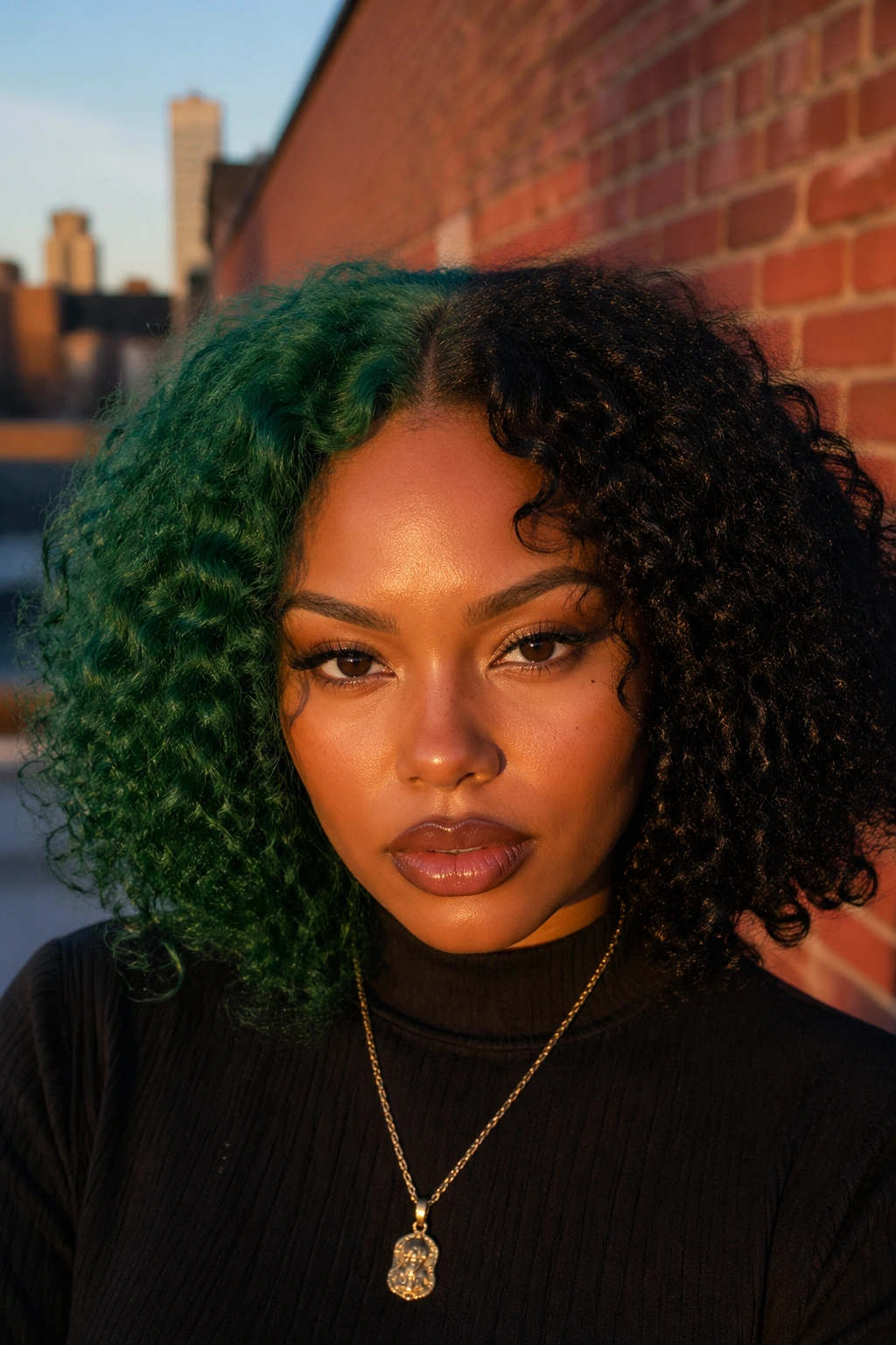 Real woman with emerald and black two-tone hairstyle