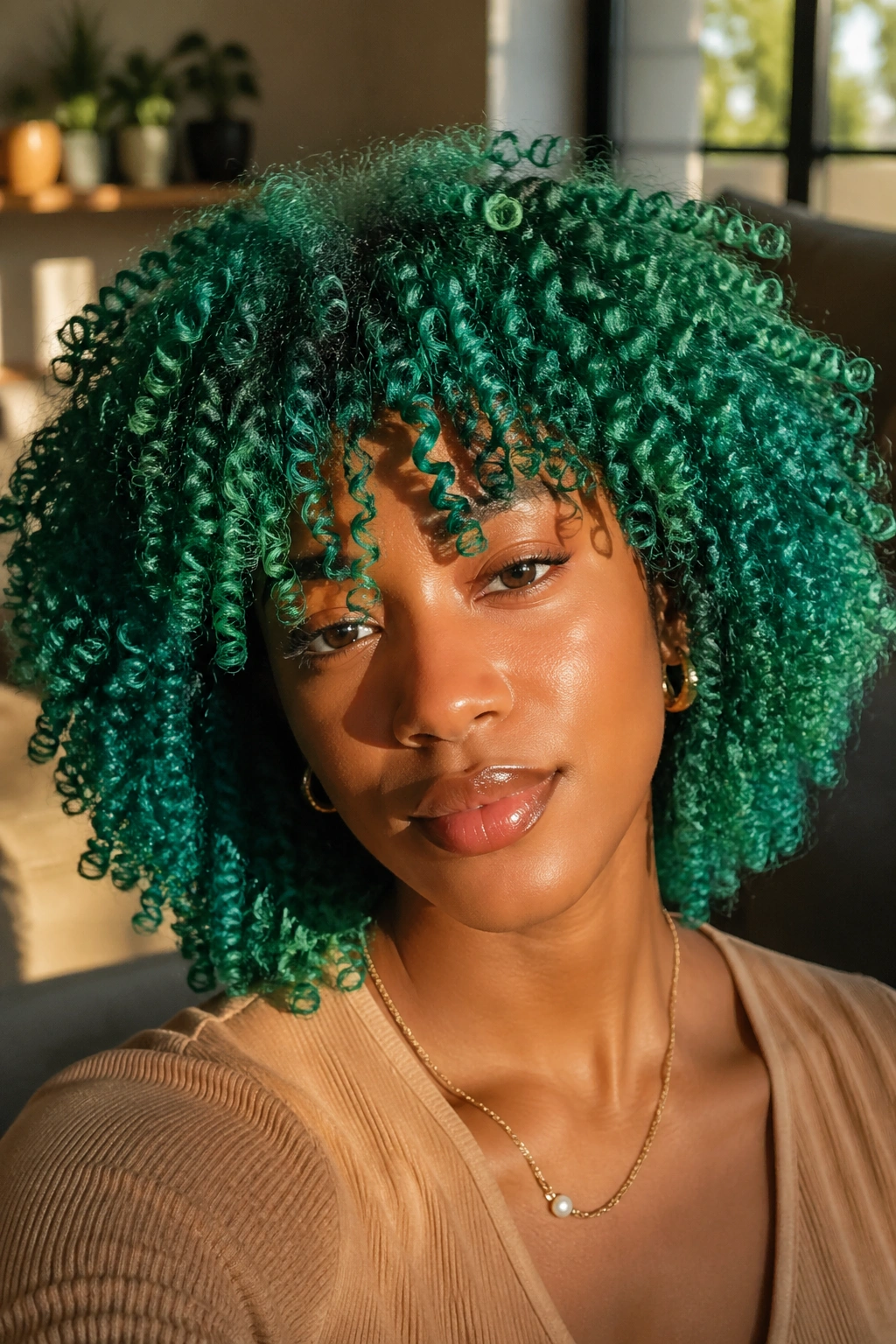 Close-up of a real woman with vivid emerald wash-and-go curls