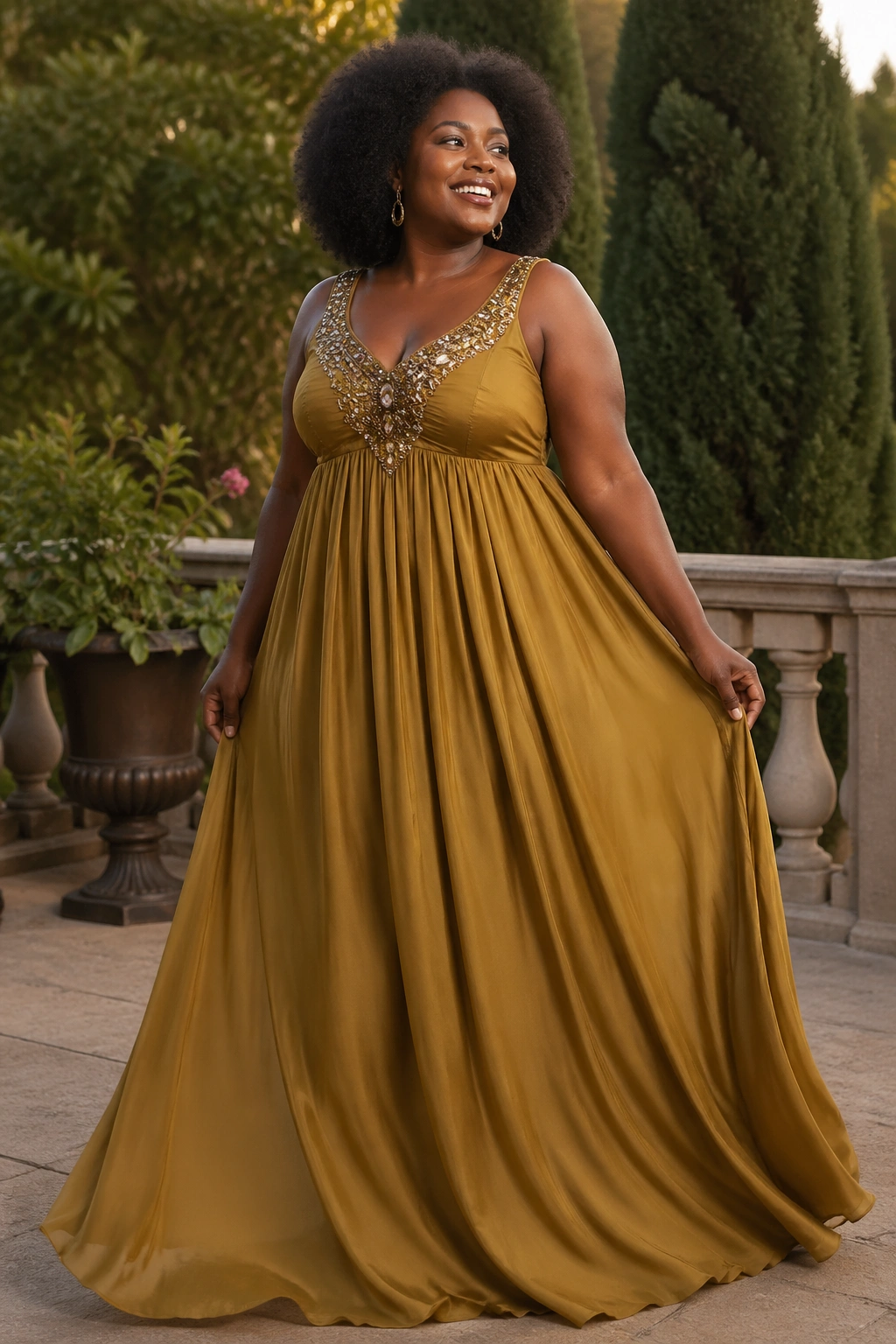 Empire-line maxi dress with embellished neckline on real woman outdoors
