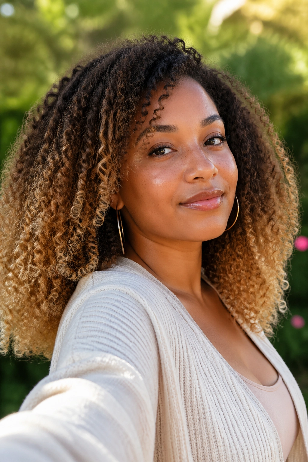 Real person with ends-focused blonde highlights on curly hair outdoors