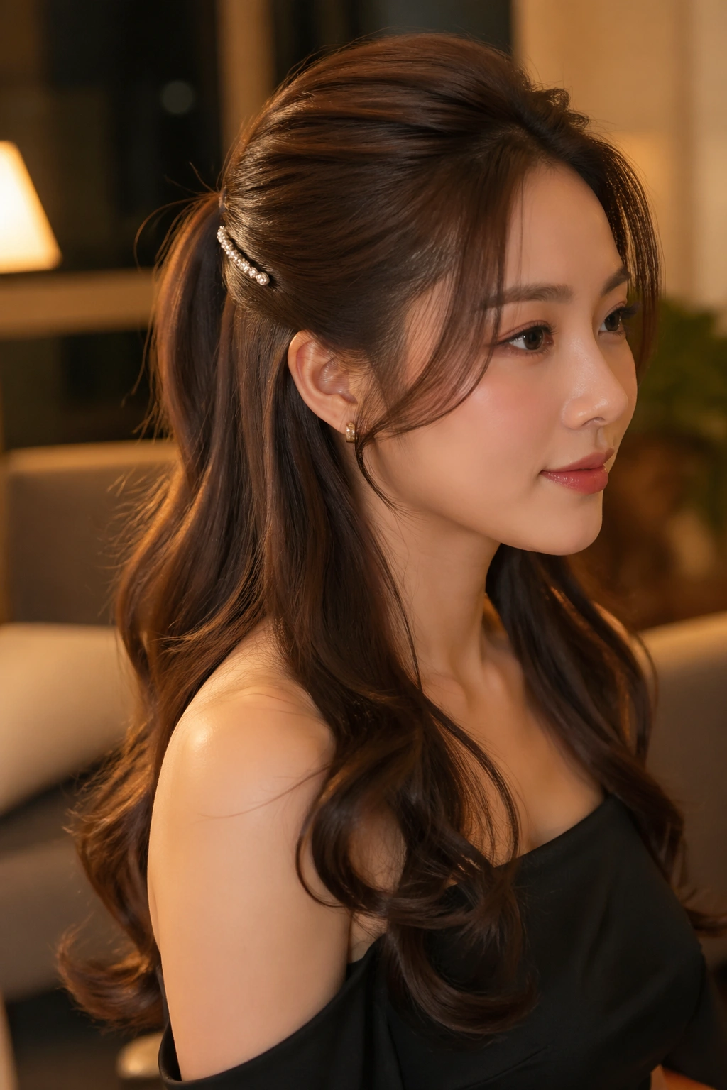 Close-up of a real woman with an evening half ponytail and curled ends