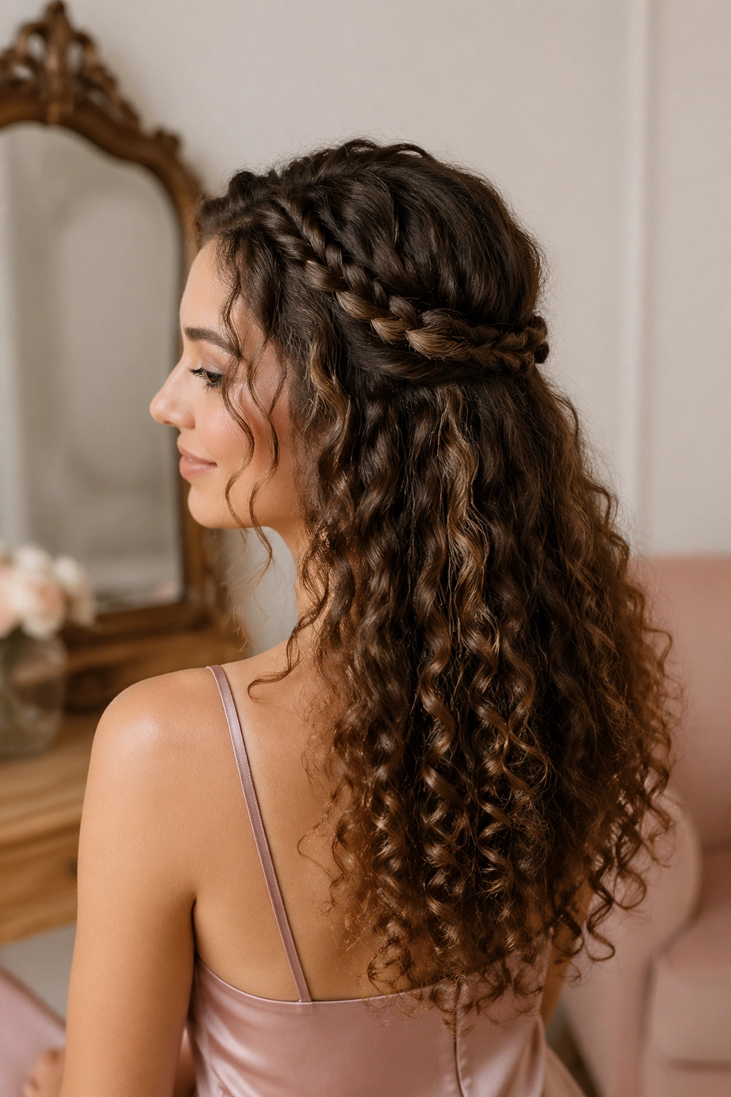 Real woman with two slim face-framing braids joined at the back among curly hair