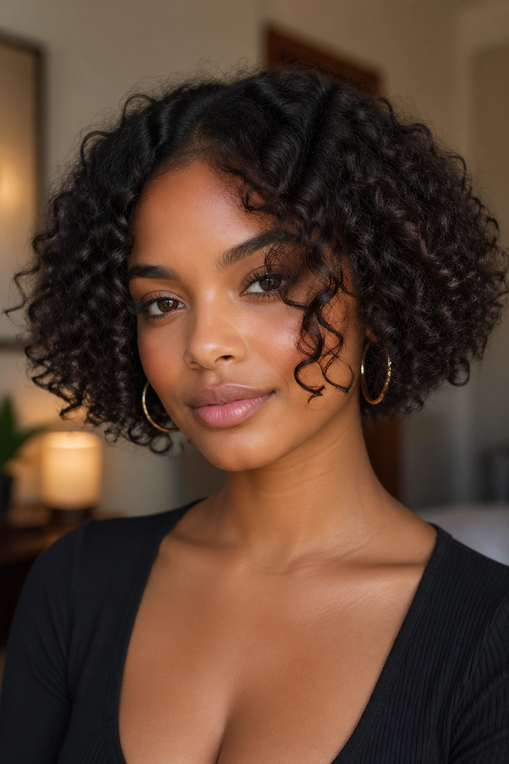 Close-up of a real woman with a curly bob showing front curls framing the face.
