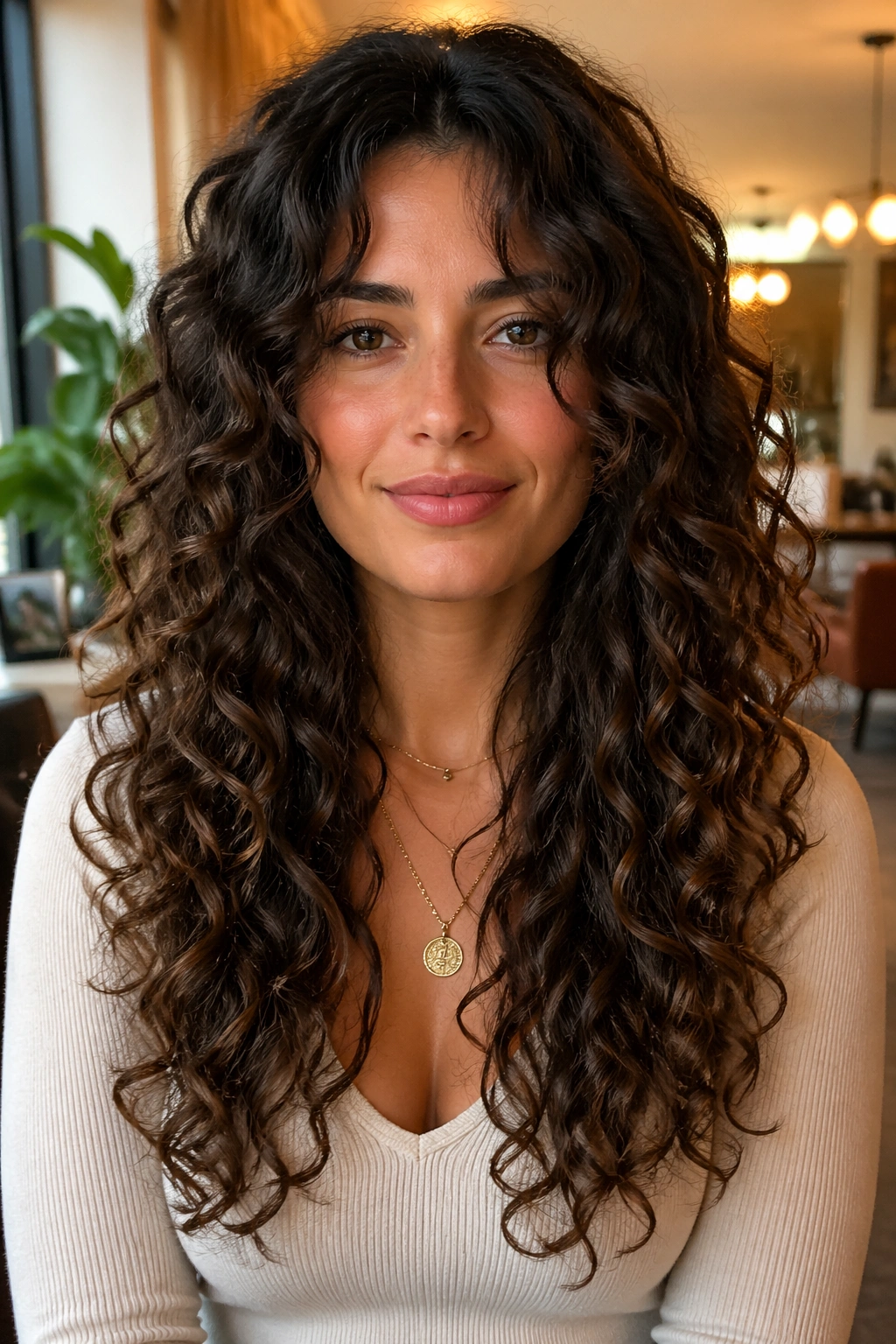 Portrait of a real woman with face-framing layers in long curly hair.