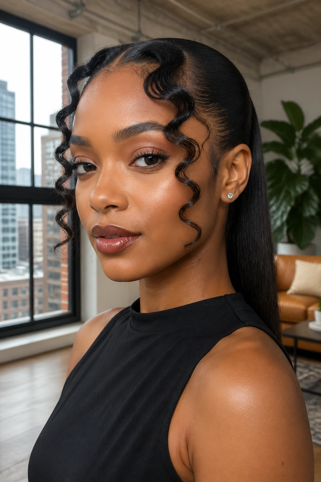 Close-up of a real woman with face-framing pin curls and straight back silk press