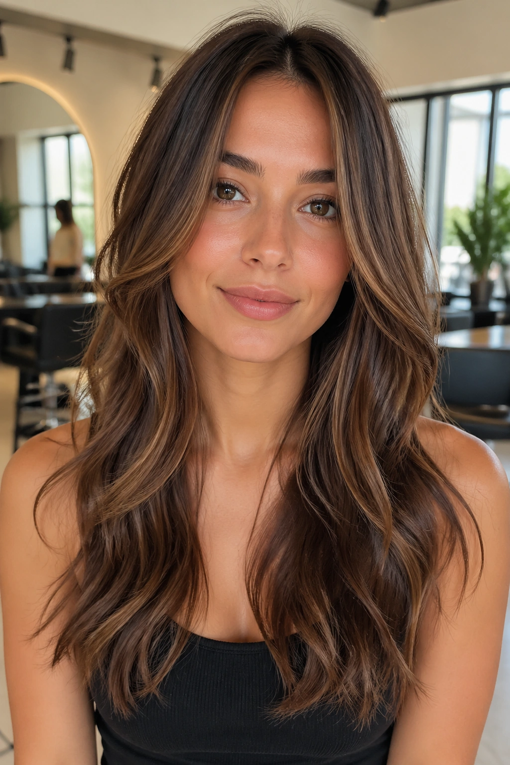 Close-up of a real woman with chin-to-collarbone face-framing layers
