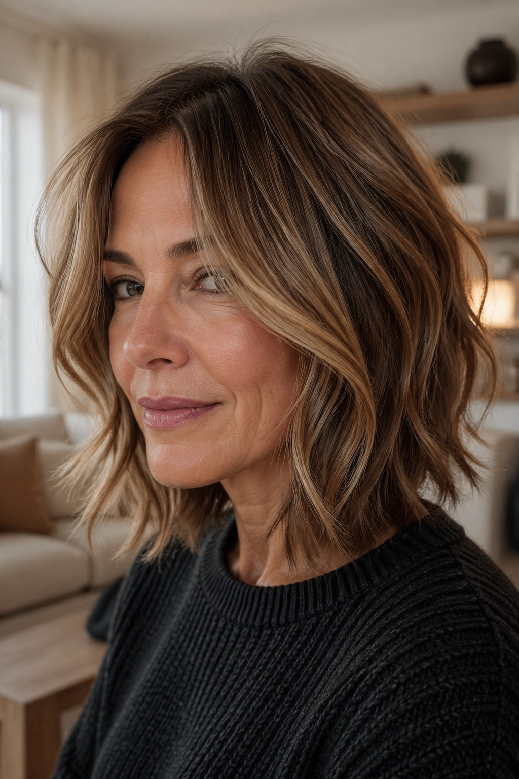 Portrait of a real woman with a face-framing lob and cheek-skimming front pieces
