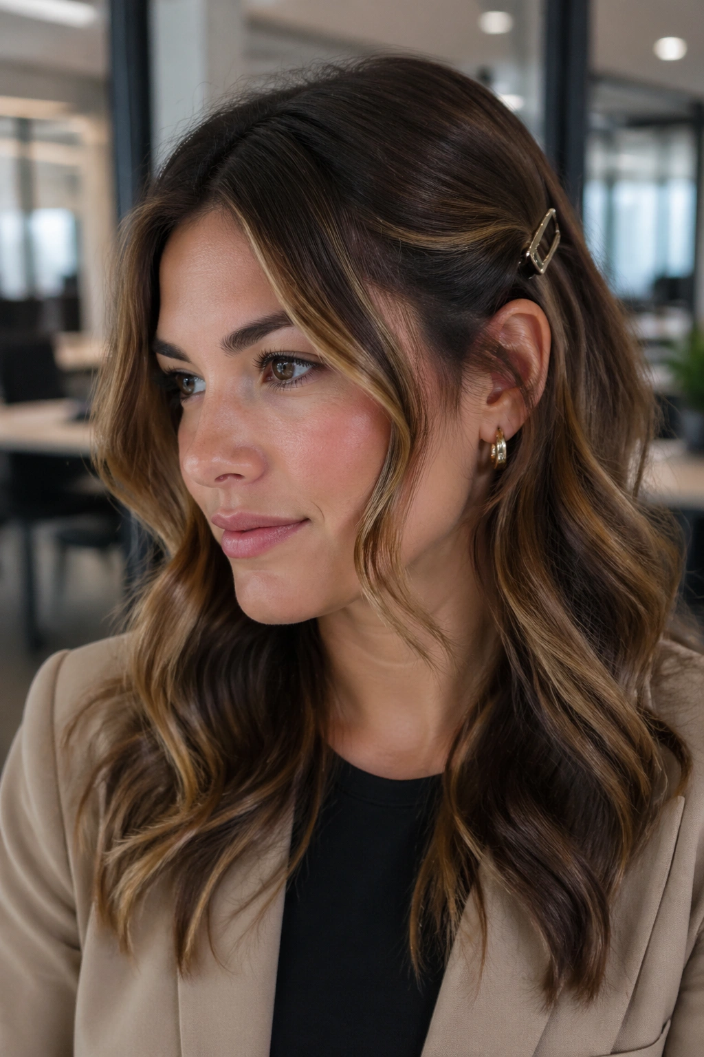 Portrait of a person with face-framing waves pinned back on one side.