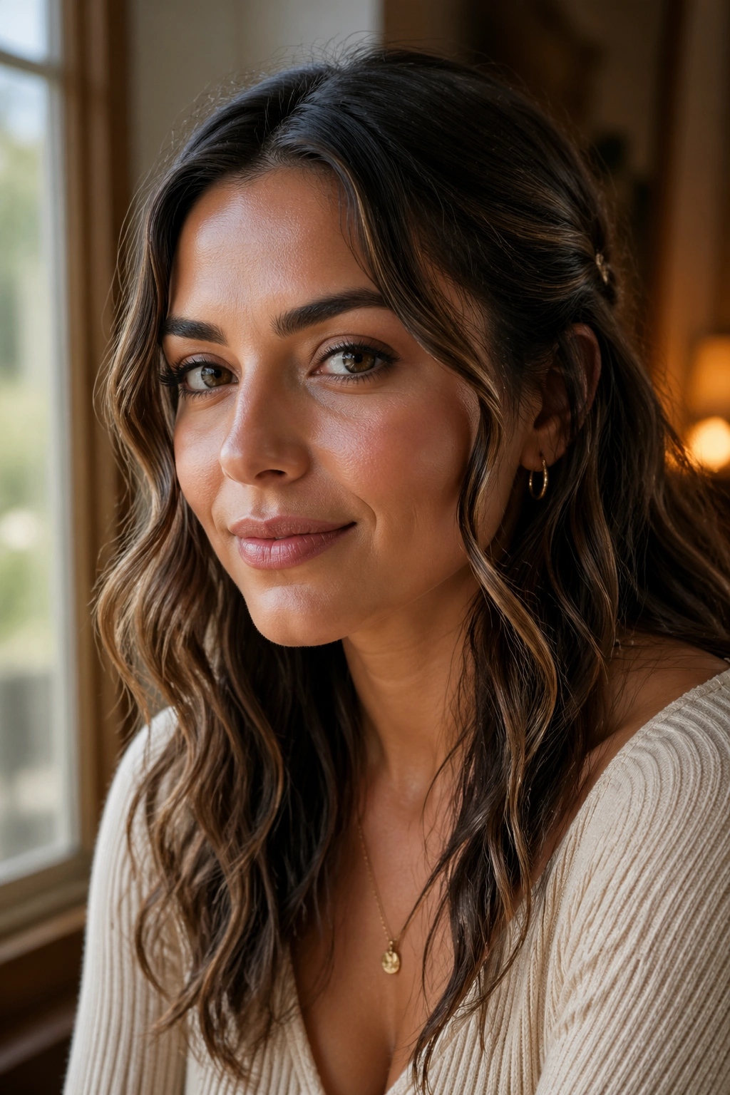 Close-up of a real woman's face-framing waves pinned back behind the ears