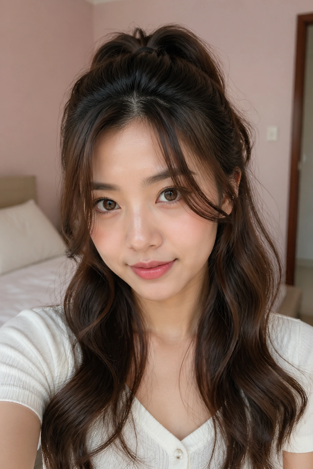 Close-up of a real woman wearing a Face-Framing Wavy Half Ponytail with soft waves and front pieces framing the face.