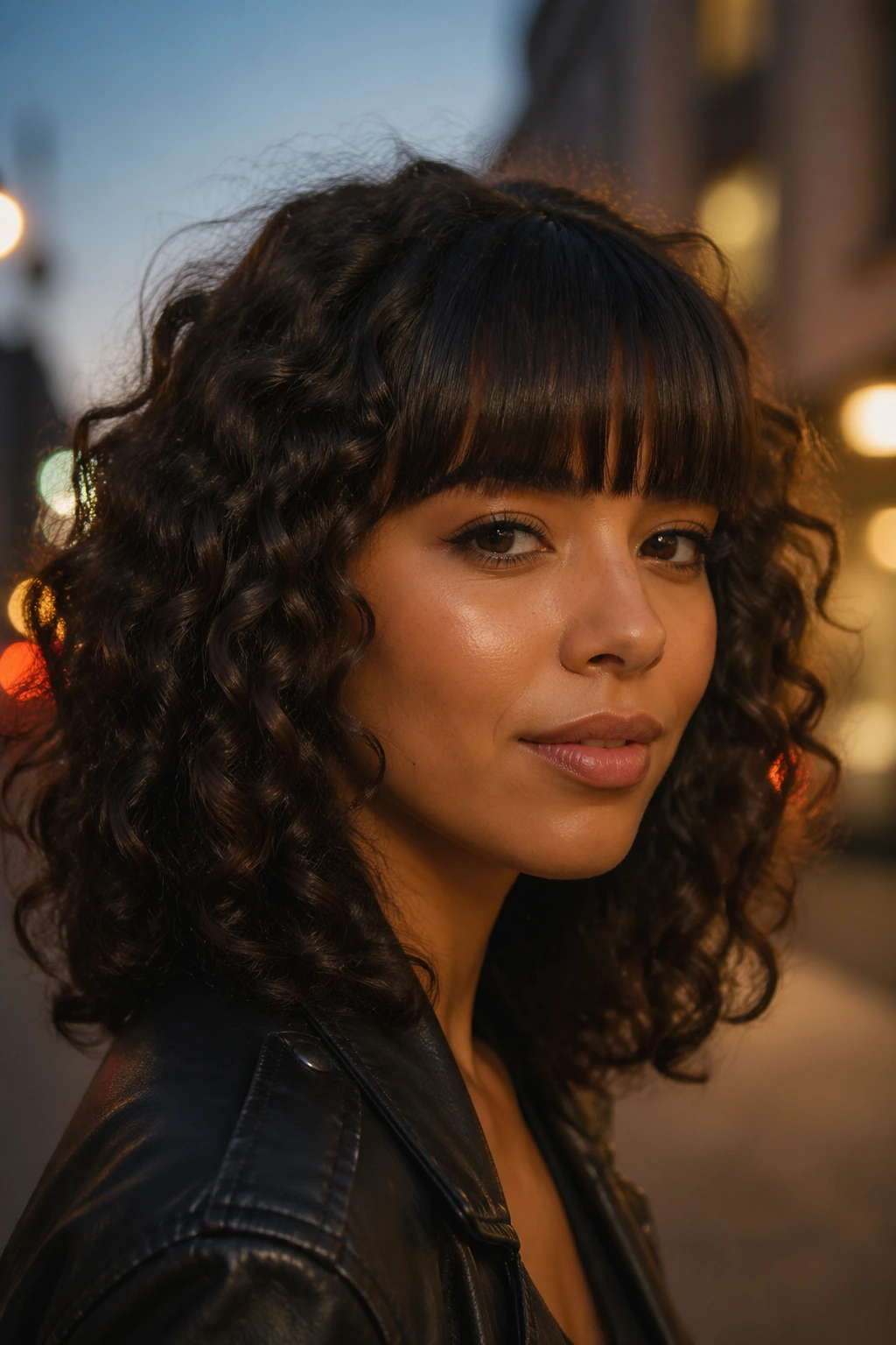 Close-up portrait showing straight bangs framing the forehead with curly hair at sides on a real person