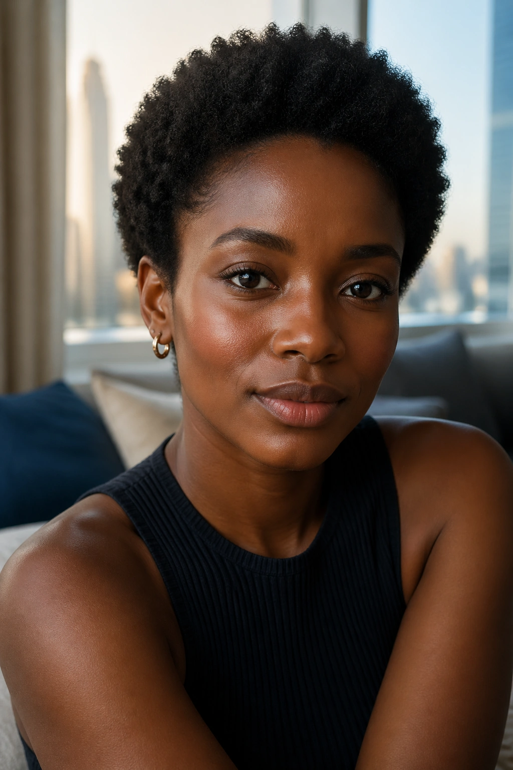 Portrait highlighting facial structure and cheekbone contours of a real person in natural window light