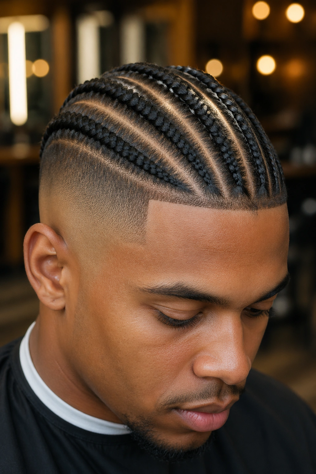 Close-up of person with top feed-in cornrows and fade sides.