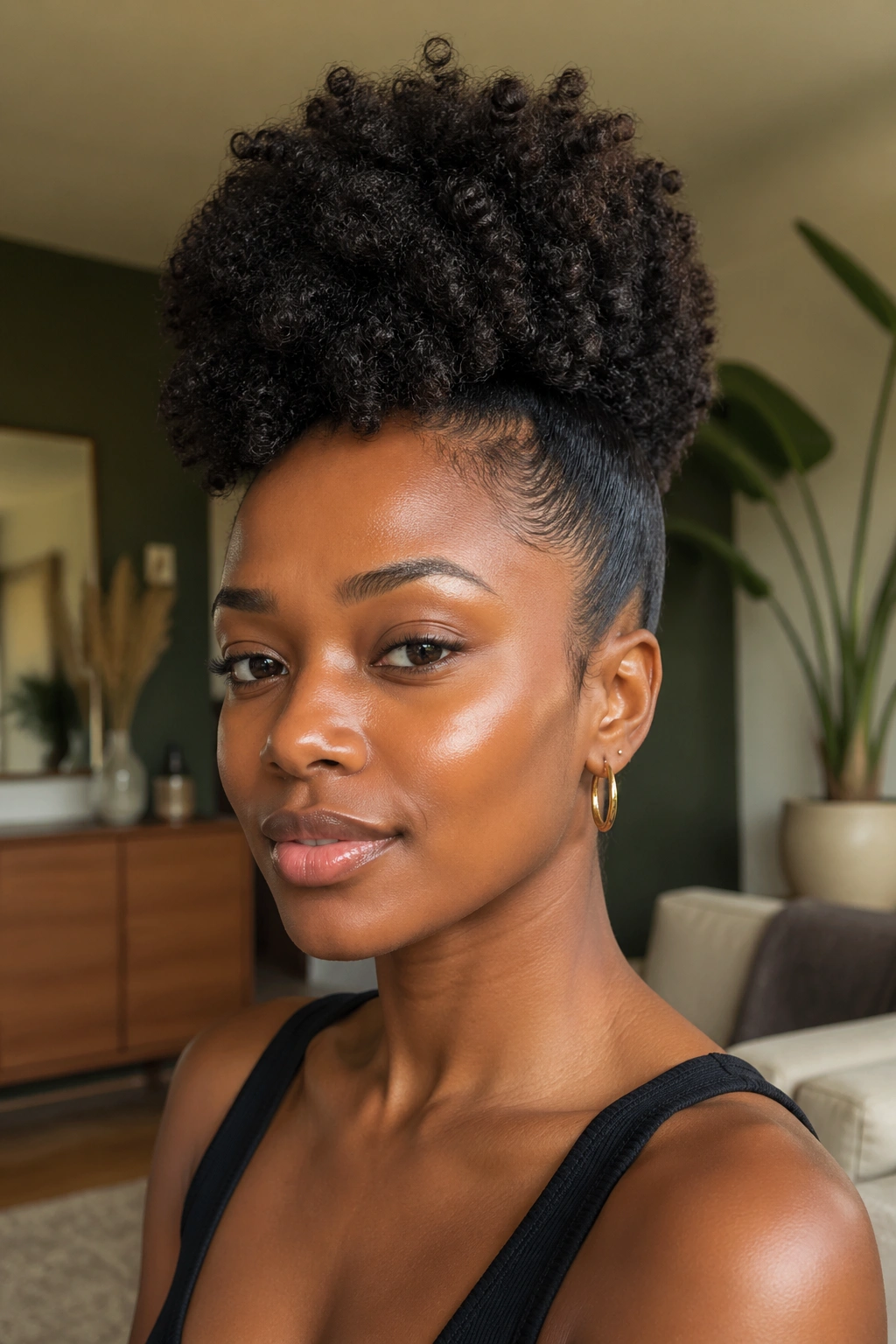 Close-up of a real woman with a centered faux hawk puff and flat sides