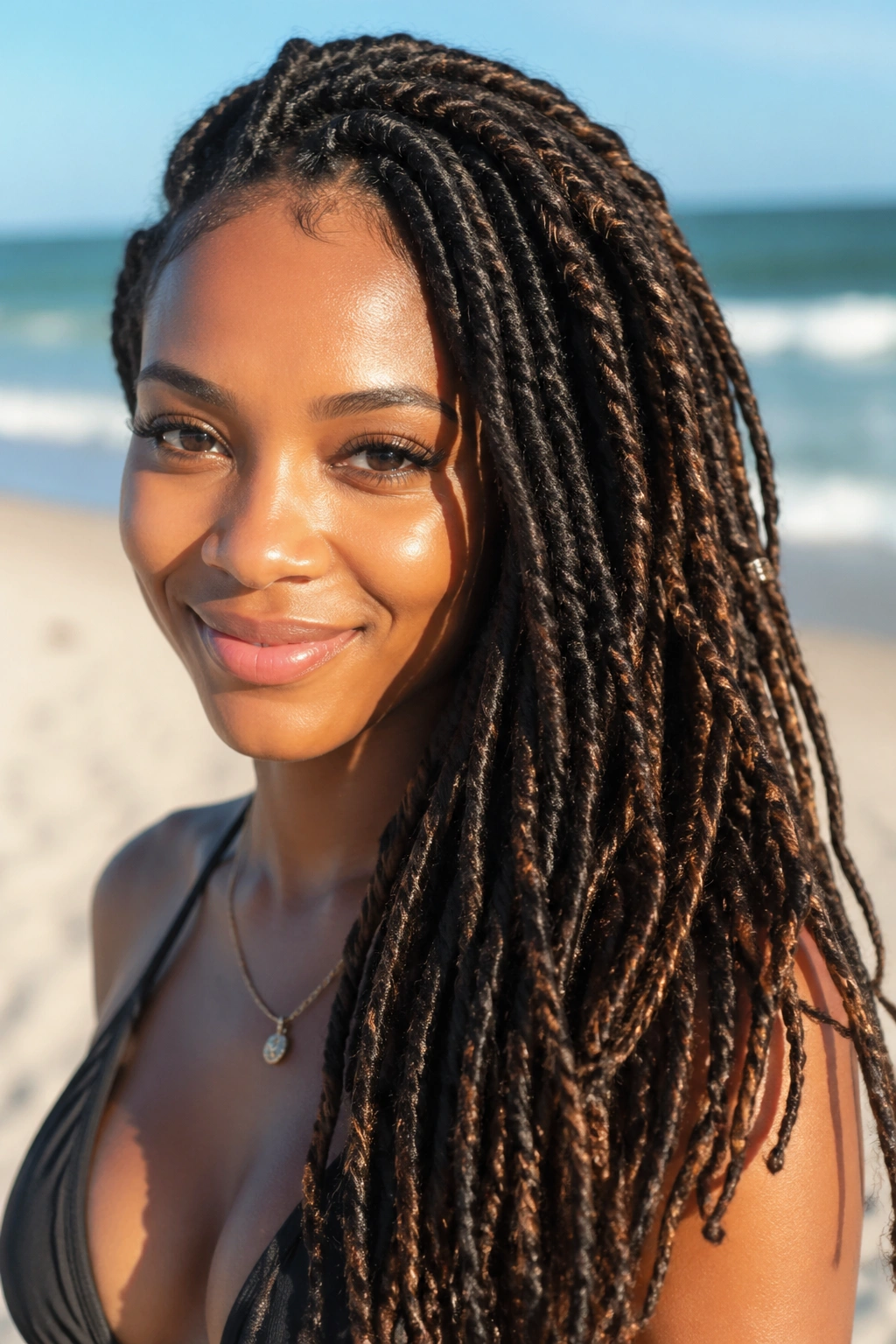 Close-up portrait of a real person with crochet-installed faux locs at the beach